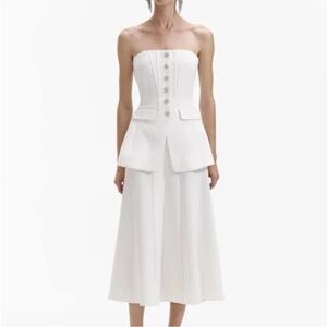 Self-Portrait Strapless White Midi Dress with Button Front